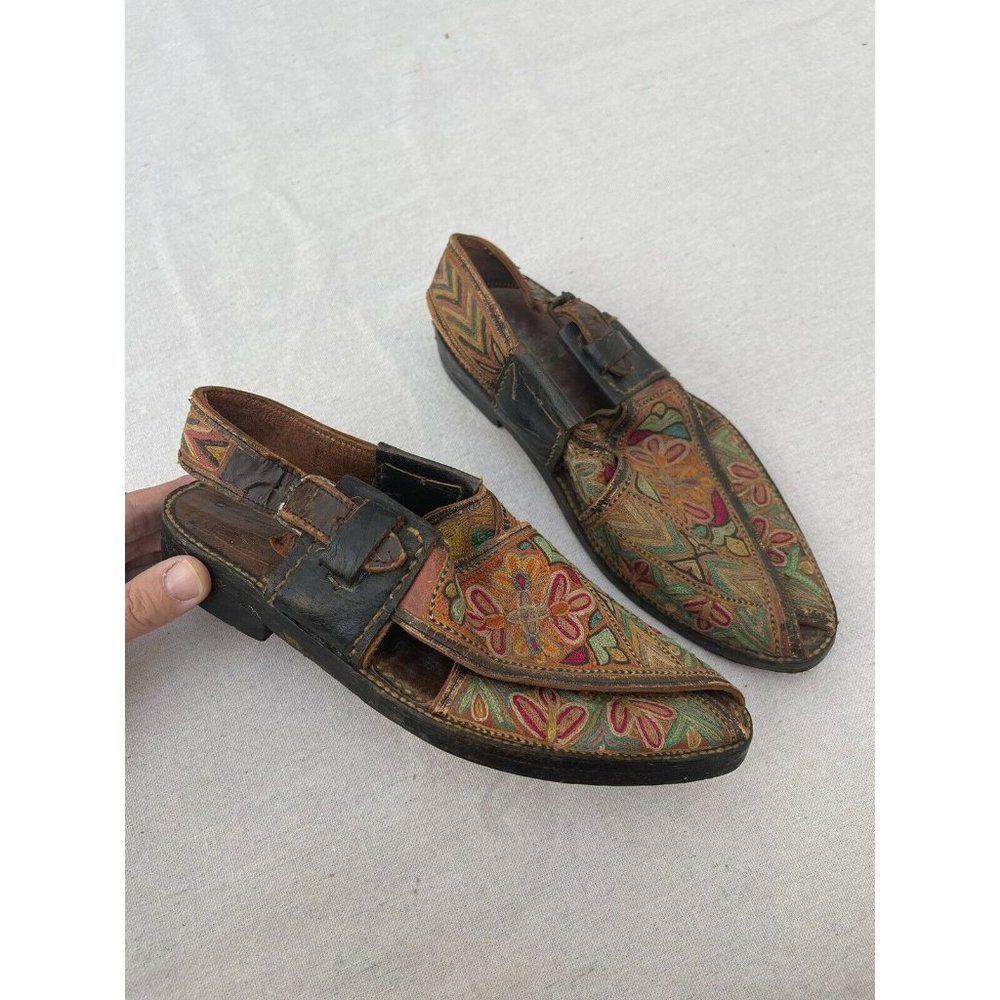 Vintage Antique 20’s-30’s Embroidered Leather Sandals, Possibly Russian?